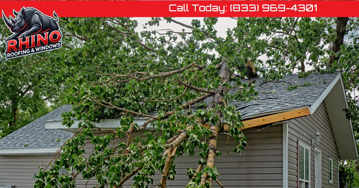 A photo of a tree on a broken roof after a storm. Knowing how storm damage affects your roof and what to do afterward will help you reduce expensive repairs and maintain long-term structural integrity.
